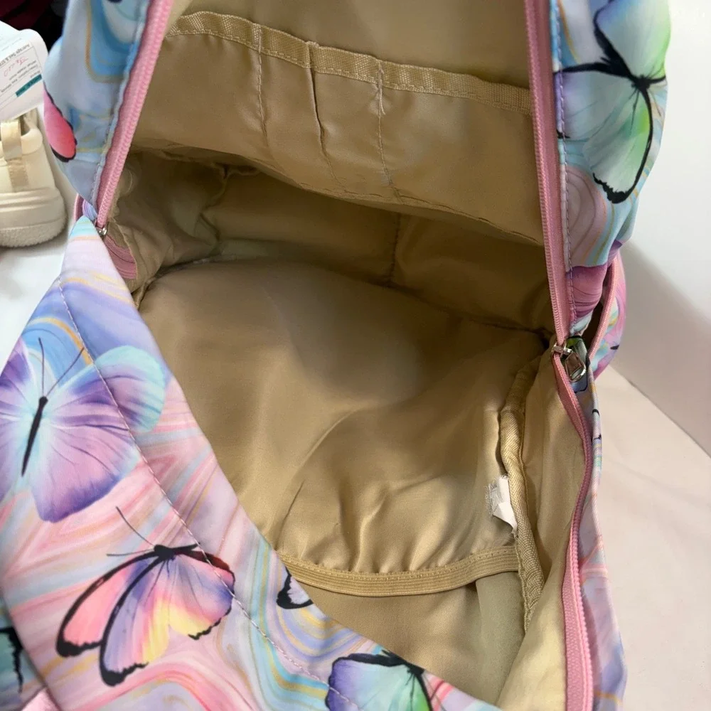 Girls Pastel Butterfly Print Backpack Pink Marbled School Bag‎ with Mesh Back